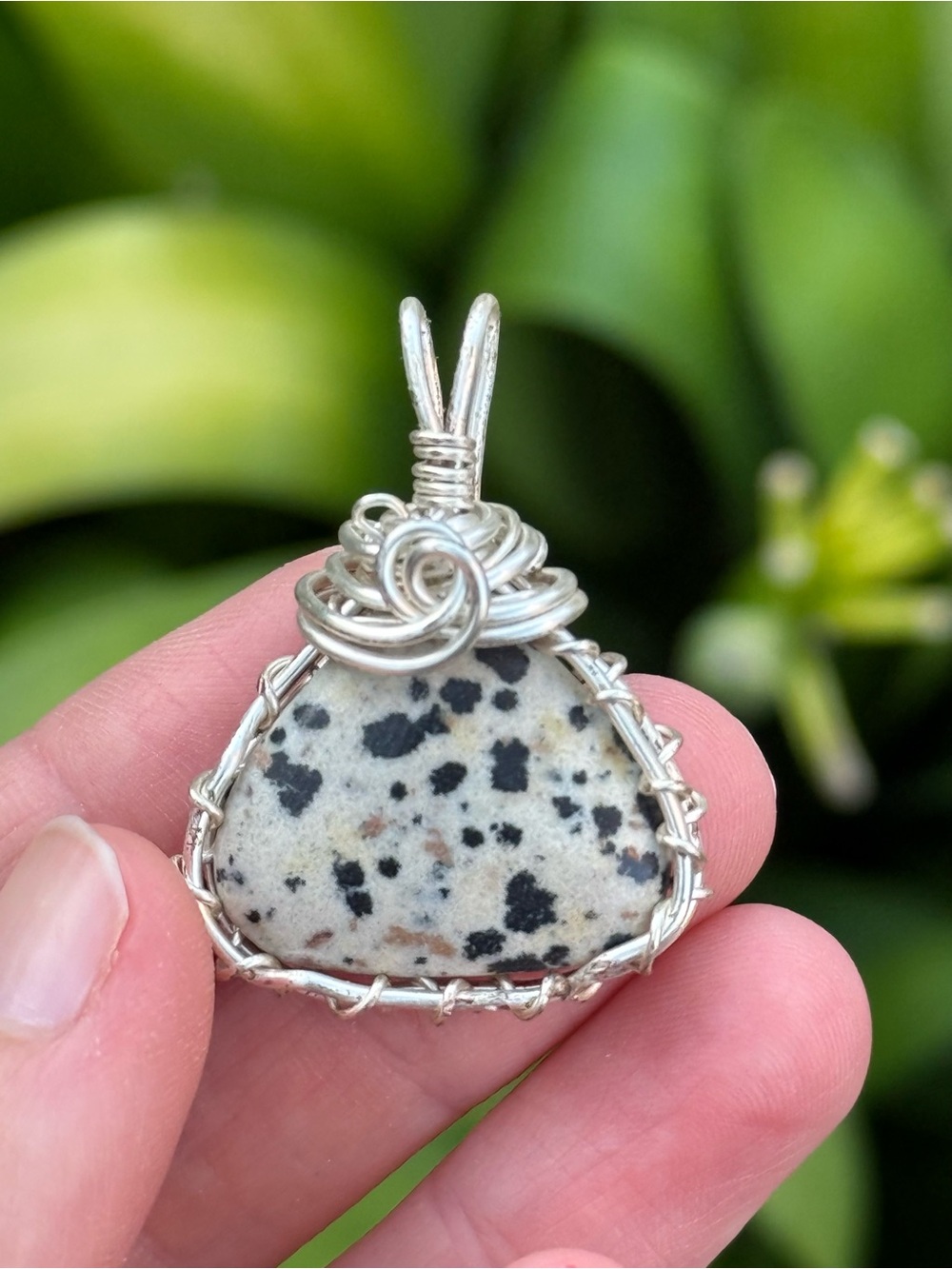 Dalmatian Jasper Wire-Wrapped Pendant Necklace - Silver Tone